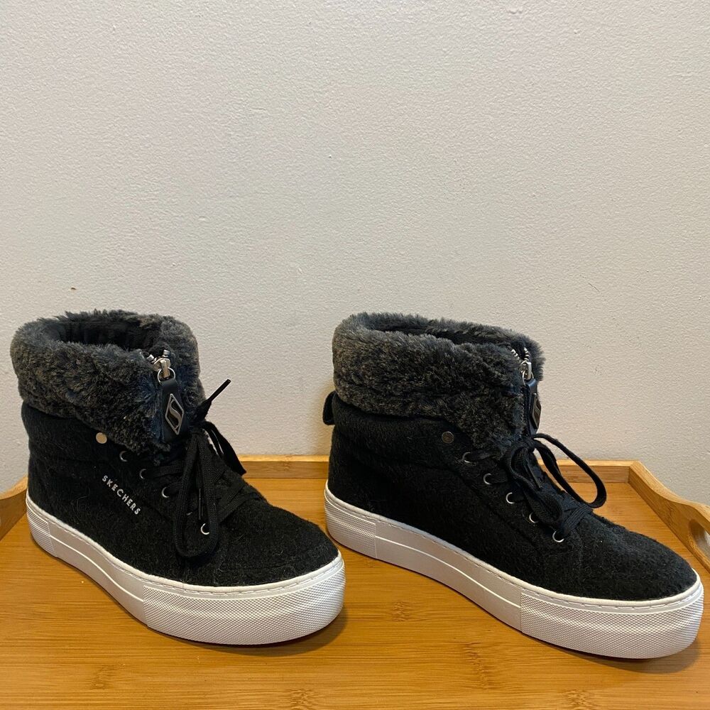 Skechers Street SN73880 Black Faux Fur High Top Sneakers Women’s 9 Memory Foam